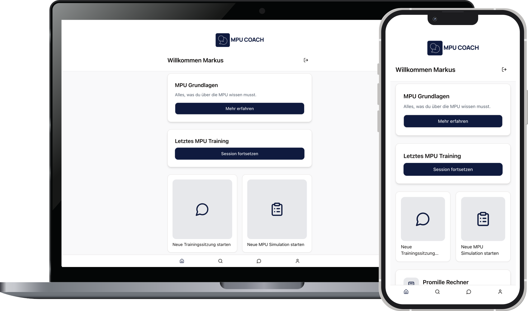 MPU Coach App Vorschau - Digitale MPU-Test-Vorbereitung mit Grundlagen, Coach und Simulator